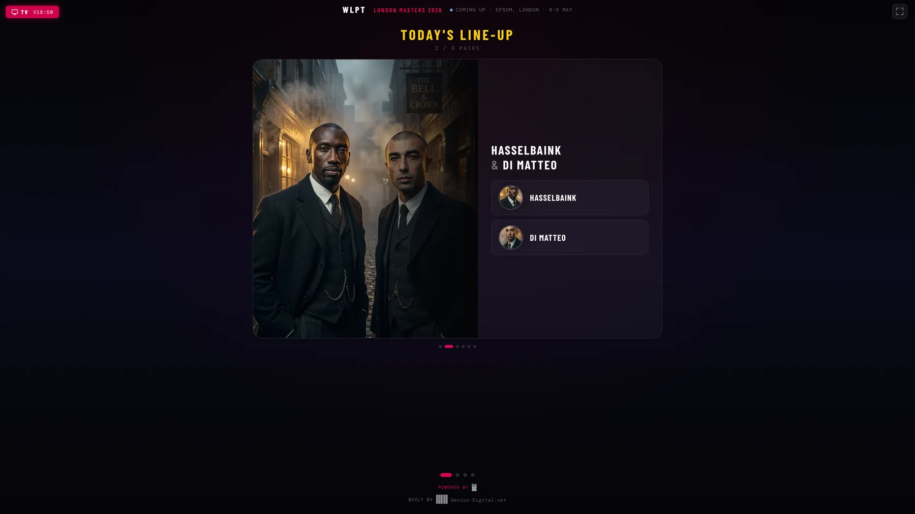 The WLPT TV channel showing its Today's Line-up slide: a stylised portrait of Hasselbaink and Di Matteo in dark tailored suits on a smoky London street, beside a pair card naming both players, beneath the London Masters 2026 masthead.